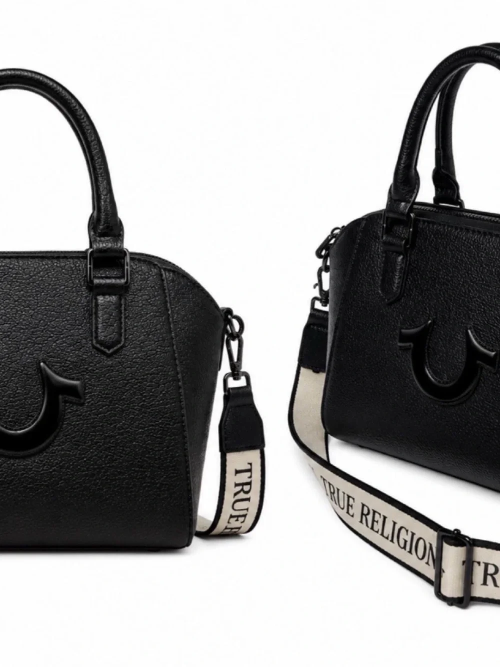 True Religion Black Textured Leather Satchel with Logo Strap